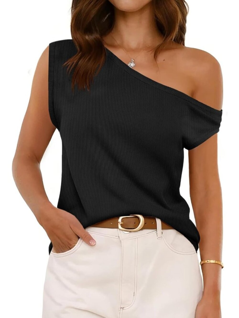 Women's Black Ribbed Off One Shoulder Slouchy Short Sleeve Tee Top